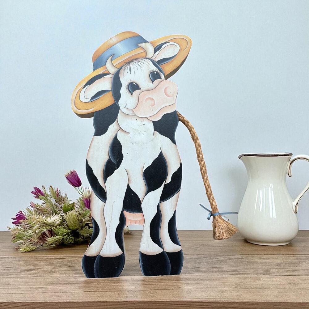 Vintage Cottagecore Wooden Cow Decor – Handmade Farmhouse Wall Art